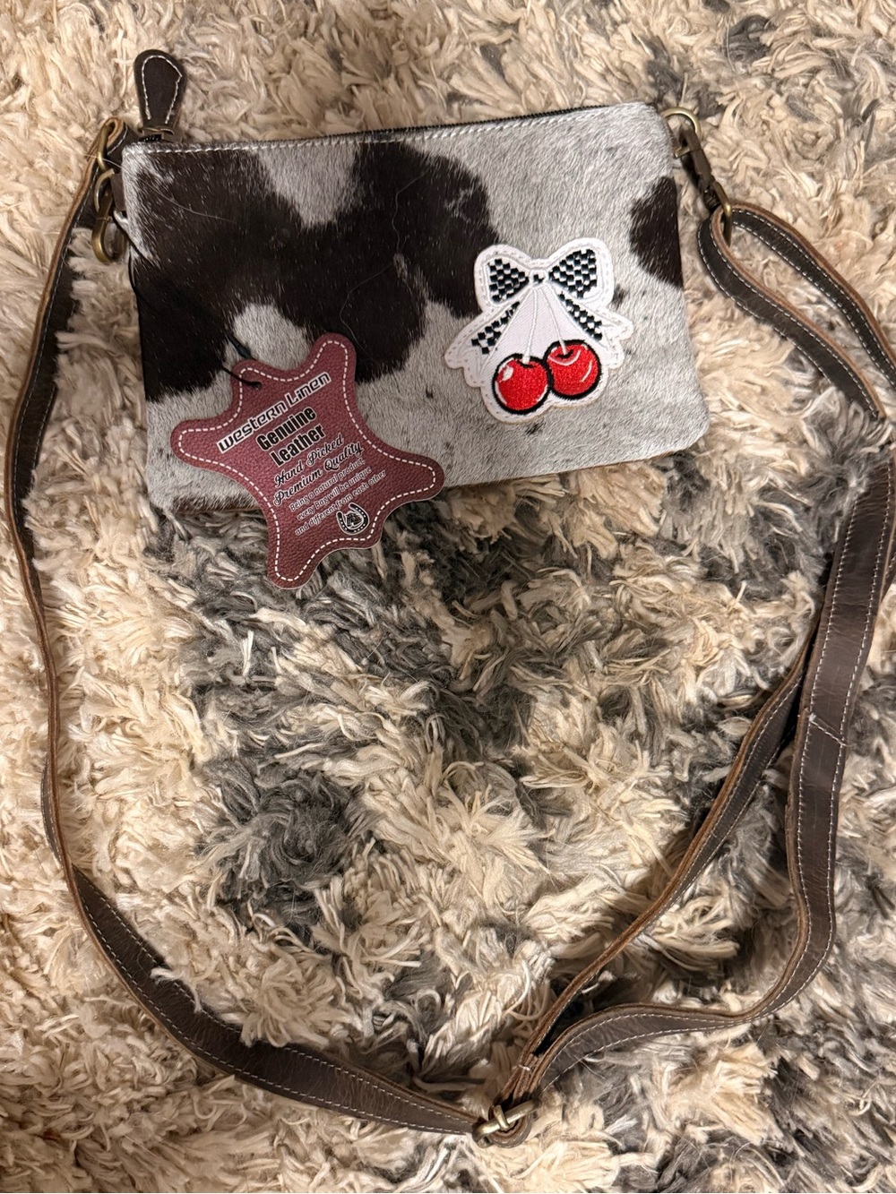Cowhide Crossbody Bag with Cherry Patch - Brown & White
